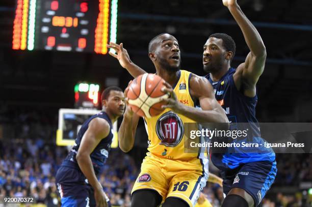 Nobel Boungou Colo of Fiat competes with Dario Hunt and Lee Moore of Germani during the LBA Legabasket match ifinal of Coppa Italia between Auxilium...