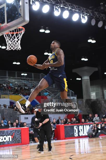 DeQuan Jones of the Fort Wayne Mad Ants attempts a dunk during the 2018 NBA G-League Slam Dunk Contest as part of 2018 NBA All-Star Weekend on...