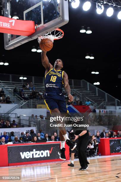 DeQuan Jones of the Fort Wayne Mad Ants attempts a dunk during the 2018 NBA G-League Slam Dunk Contest as part of 2018 NBA All-Star Weekend on...