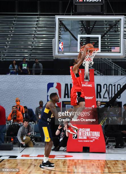Aaron Best of the Raptors 905 attempts a dunk during the 2018 NBA G-League Slam Dunk Contest as part of 2018 NBA All-Star Weekend on February 18,...