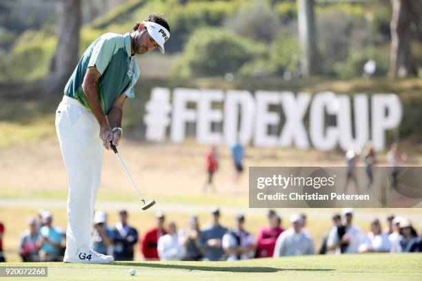 Bubba Watson putts on the ninth green during the final round of the Genesis Open at Riviera Country Club on February 18, 2018 in Pacific Palisades,...