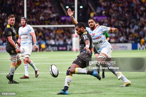 Kiwi Murimurivalu of La Rochelle kicks clear during the French Top 14 match between Racing 92 and La Rochelle at U Arena on February 18, 2018 in...