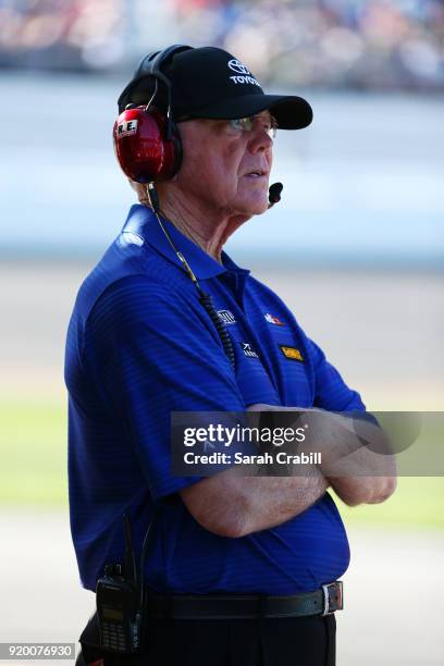 Team owner Joe Gibbs stands on pit road during the Monster Energy NASCAR Cup Series 60th Annual Daytona 500 at Daytona International Speedway on...