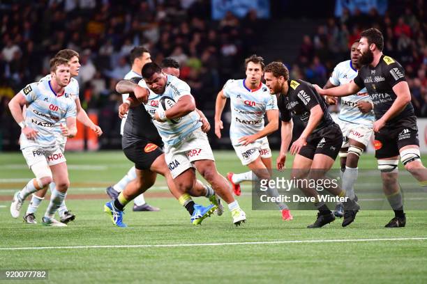 Viliamu Afatia of Racing 92 makes a break during the French Top 14 match between Racing 92 and La Rochelle at U Arena on February 18, 2018 in...