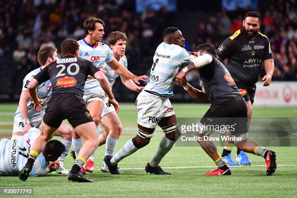 Yannick Nyanga of Racing 92 takes on the opposition defence during the French Top 14 match between Racing 92 and La Rochelle at U Arena on February...