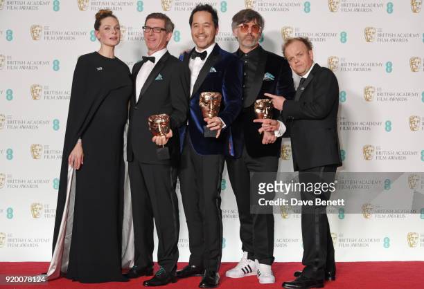 Rebecca Ferguson and Toby Jones pose with Jeffrey A. Melvin, Paul D. Austerberry and Shane Vieau, winners of the Production Design award for 'The...