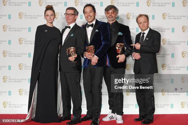 Rebecca Ferguson and Toby Jones pose with Jeffrey A. Melvin, Paul D. Austerberry and Shane Vieau, winners of the Production Design award for 'The...