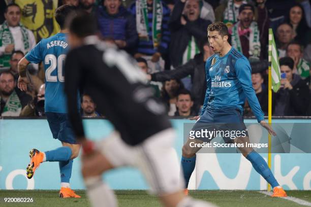 Cristiano Ronaldo of Real Madrid celebrates 2-4 with Marco Asensio of Real Madrid during the La Liga Santander match between Real Betis Sevilla v...