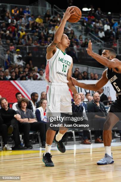 Juan Toscano of the Mexico National Team passes the ball against the USA Team during the 2018 NBA G League International Challenge presented by Kumho...