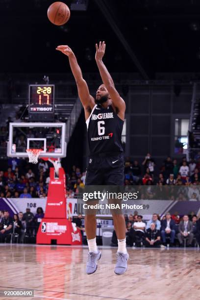 Aaron Harrison of the USA Team shoots the ball against the Mexico National Team during the 2018 NBA G League International Challenge presented by...