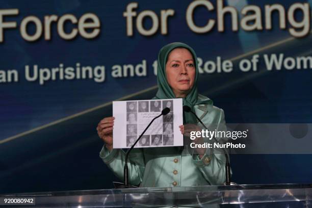 Maryam Rajavi attends a conference on the occasion of International Womens Day on February 17, 2018 in Paris, where speakers encouraged women to...