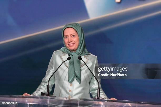 Maryam Rajavi attends a conference on the occasion of International Womens Day on February 17, 2018 in Paris, where speakers encouraged women to...