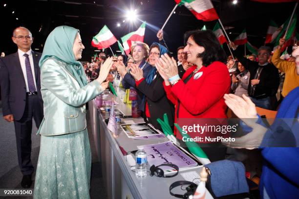 Maryam Rajavi attends a conference on the occasion of International Womens Day on February 17, 2018 in Paris, where speakers encouraged women to...