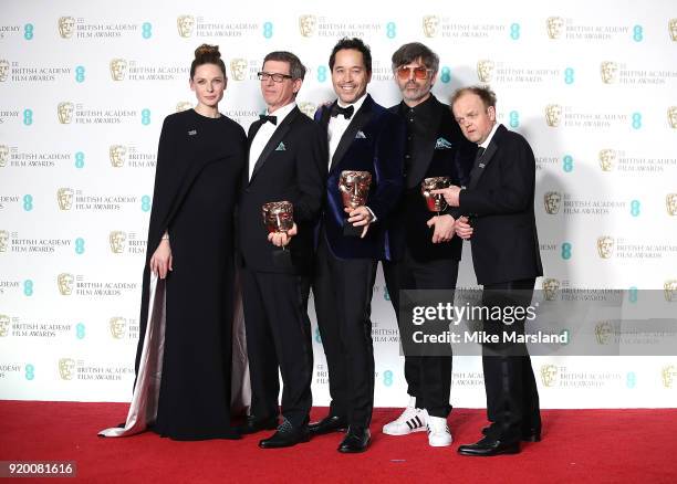 Rebecca Ferguson and Toby Jones pose with Jeffrey A. Melvin, Paul D. Austerberry and Shane Vieau, winners of the Production Design award for 'The...