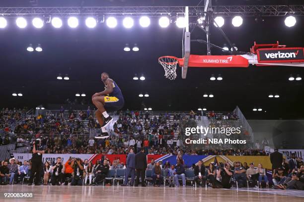 DeQuan Jones of the Fort Wayne Mad Ants dunks the ball during the 2018 NBA G-League Slam Dunk contest as a part of 2018 NBA All-Star Weekend at...