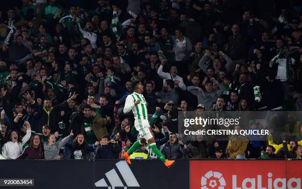 Real Betis' Dominican defender Junior Firpo celebrates a gol during the Spanish Liga football match Real Betis vs Real Madrid at the Benito...