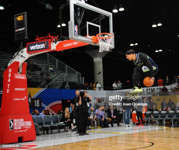 Michael Bryson of the Iowa Wolves attempts a dunk during the 2018 NBA G-League Slam Dunk Contest as part of 2018 NBA All-Star Weekend on February 18,...