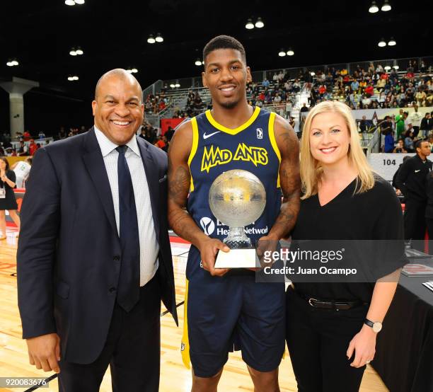 DeQuan Jones of the Fort Wayne Mad Ants poses with G League President Malcolm Turner during the 2018 NBA G-League Slam Dunk Contest as part of 2018...