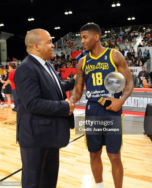 DeQuan Jones of the Fort Wayne Mad Ants shakes hand with G League President Malcolm Turner after winning during the 2018 NBA G-League Slam Dunk...