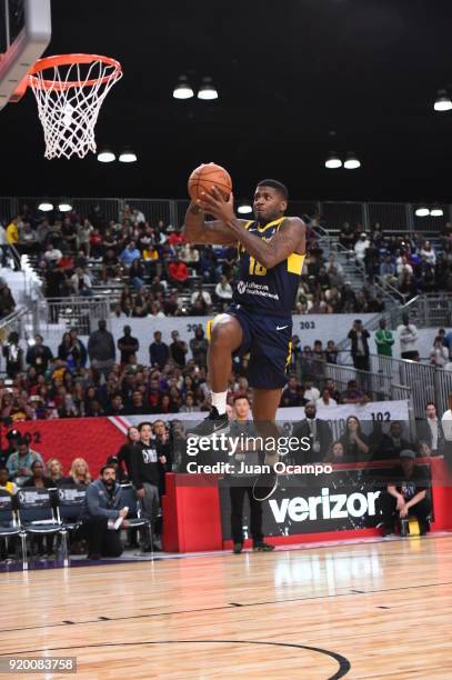 DeQuan Jones of the Fort Wayne Mad Ants attempts a dunk during the 2018 NBA G-League Slam Dunk Contest as part of 2018 NBA All-Star Weekend on...