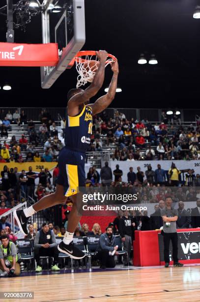 DeQuan Jones of the Fort Wayne Mad Ants attempts a dunk during the 2018 NBA G-League Slam Dunk Contest as part of 2018 NBA All-Star Weekend on...