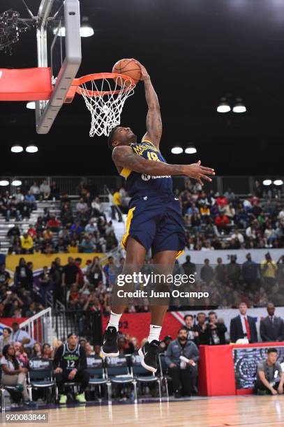 DeQuan Jones of the Fort Wayne Mad Ants attempts a dunk during the 2018 NBA G-League Slam Dunk Contest as part of 2018 NBA All-Star Weekend on...