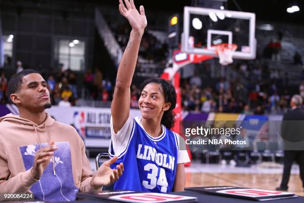 Dunk contest judge, Candance Parker of the Los Angeles Sparks waves to the crowd during the 2018 NBA G-League Slam Dunk contest as a part of 2018 NBA...