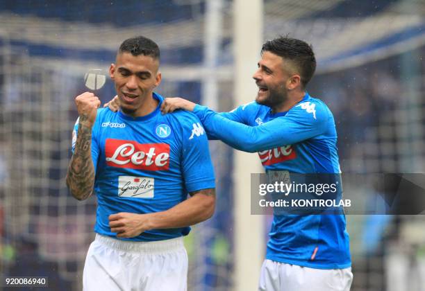 Napoli's Brazilian midfielder Allan celebrates after scoring a goal with teammate Napoli's Italian striker Lorenzo Insigne during the Italian Serie A...