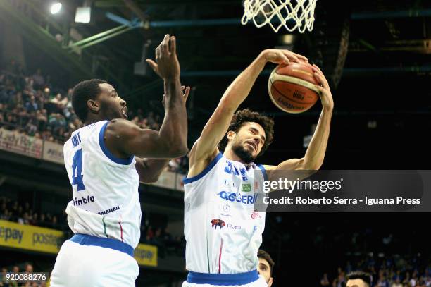 Dario Hunt and Michele Vitali of Germani in action during the LBA Legabasket match semifinal of Coppa Italia between MIA Red October Cantu and...