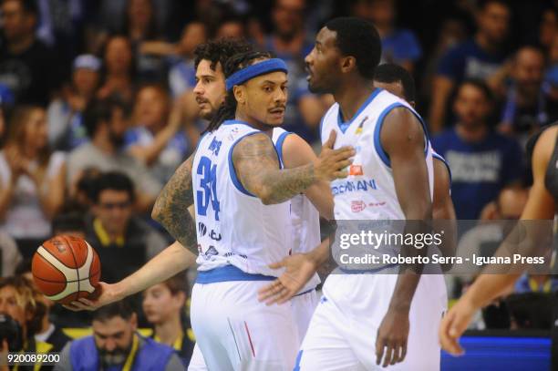 Luca Vitali and David Moss and Dario Hunt of Germani celebrates during the LBA Legabasket match semifinal of Coppa Italia between MIA Red October...