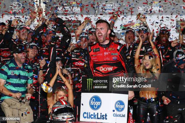 Austin Dillon, driver of the DOW Chevrolet, celebrates in Victory Lane after winning the Monster Energy NASCAR Cup Series 60th Annual Daytona 500 at...