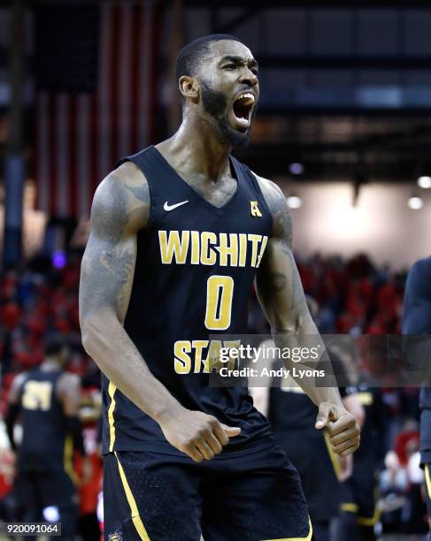 Rashard Kelly of the Witchita State Shockers celebrates after the 76-72 win over the Cincinnati Bearcats at BB&T Arena on February 18, 2018 in...