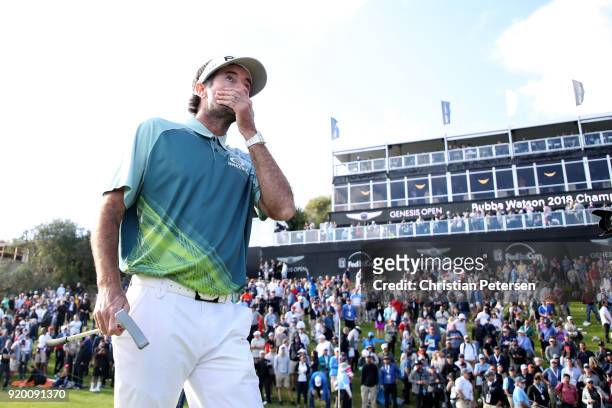 Bubba Watson reacts after winning the Genesis Open at Riviera Country Club on February 18, 2018 in Pacific Palisades, California.