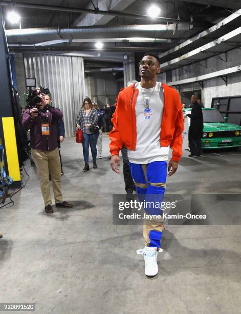 Russell Westbrook arrives to the NBA All-Star Game 2018 at Staples Center on February 18, 2018 in Los Angeles, California.
