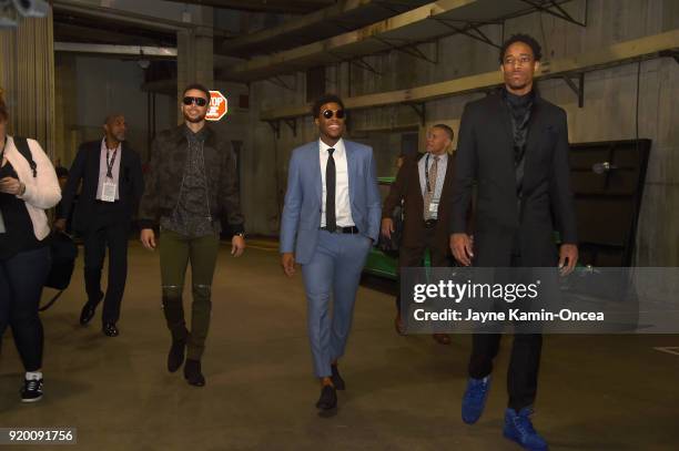 Stephen Curry, Kyle Lowry and DeMar Derozan arrive to the NBA All-Star Game 2018 at Staples Center on February 18, 2018 in Los Angeles, California.