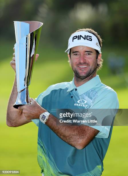 Bubba Watson poses with the trophy after winning the Genesis Open at Riviera Country Club on February 18, 2018 in Pacific Palisades, California.