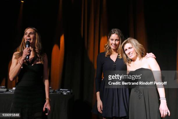 Host of the evening, Journalist at RTS Katia Hess, Fanny Leeb and President of the "L'Etoile de Gael" Association, Karine Blanc attend the "Snow...