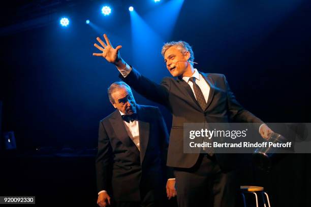 At Christie's Europe and Asia, Francois Curiel and Magician Stefan Leyshon perform during the "Snow Night - La Nuit des Neiges" Charity Gala on...