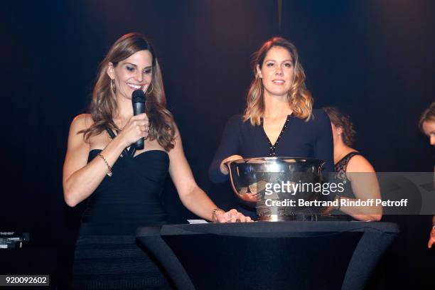 Host of the evening, Journalist at RTS Katia Hess and Fanny Leeb perform during the "Snow Night - La Nuit des Neiges" Charity Gala on February 17,...