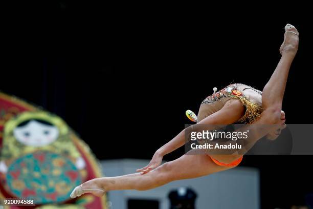 Aleksandra Soldatova of Russia performs during the 2018 Moscow Rhythmic Gymnastics Grand Prix GAZPROM Cup in Moscow, Russia on February 18, 2018.