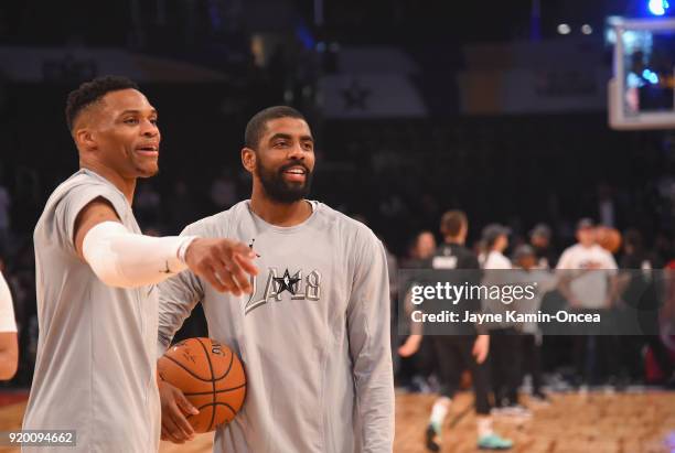 Russell Westbrook and Kyrie Irving warm up during the NBA All-Star Game 2018 at Staples Center on February 18, 2018 in Los Angeles, California.