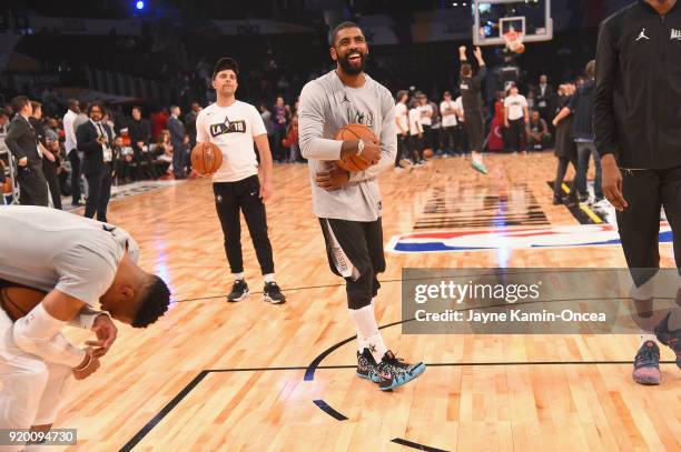 Russell Westbrook and Kyrie Irving warm up during the NBA All-Star Game 2018 at Staples Center on February 18, 2018 in Los Angeles, California.