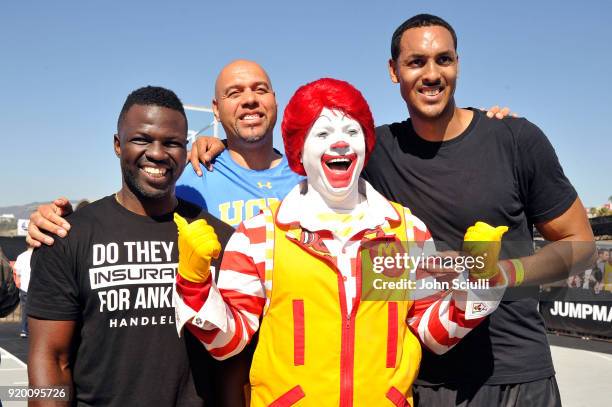 Dribble 2 Much, Tracy Murray, Ronald McDonald, and Ryan Hollins attend McDonald's at Bleacher Report All-Star Experience on February 18, 2018 in...