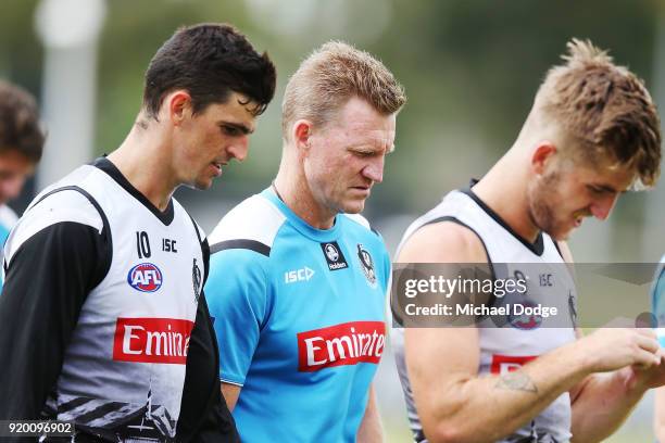 Magpies head coach Nathan Buckley walks off during a Collingwood Magpies AFL training session at the Holden Centre on February 19, 2018 in Melbourne,...