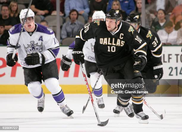 Brenden Morrow of the Dallas Stars leads the attack into the zone against the Los Angeles Kings on October 19, 2009 at the American Airlines Center...