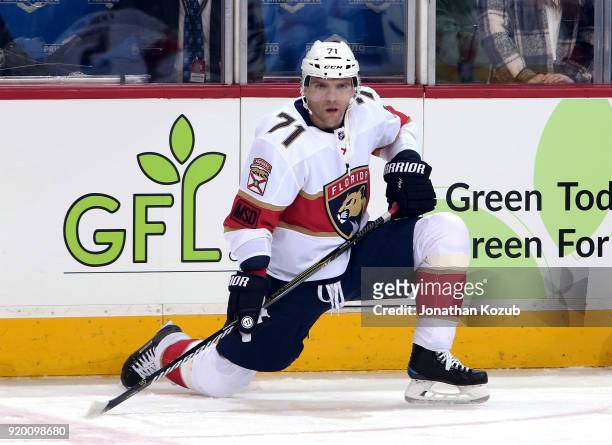 Radim Vrbata of the Florida Panthers takes part in the pre-game warm up prior to NHL action against the Winnipeg Jets at the Bell MTS Place on...