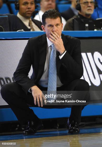 Head coach Steve Alford of the UCLA Bruins looks on during the game against the Oregon State Beavers at Pauley Pavilion on February 15, 2018 in Los...