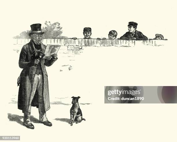 victorian town crier anncouces the news - town crier bell stock illustrations