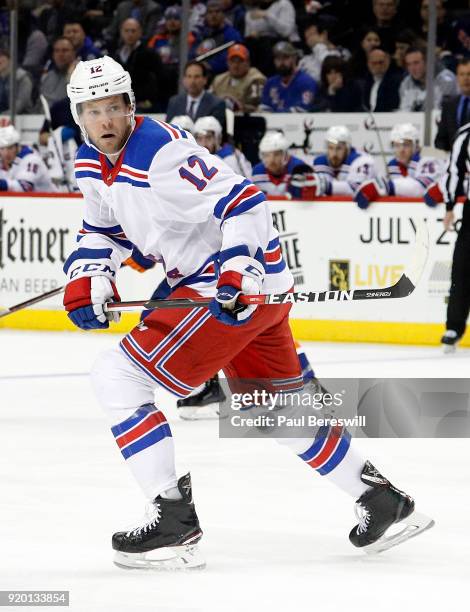 Peter Holland of the New York Rangers skates during an NHL hockey game against the New York Islanders at Barclays Center on February 15, 2018 in the...