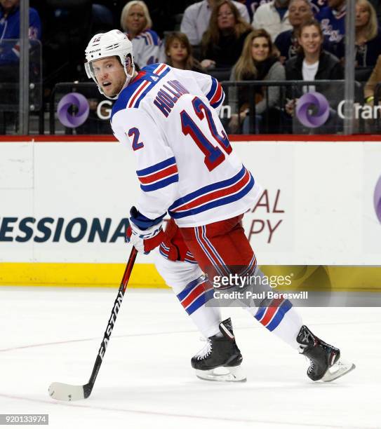 Peter Holland of the New York Rangers skates during an NHL hockey game against the New York Islanders at Barclays Center on February 15, 2018 in the...